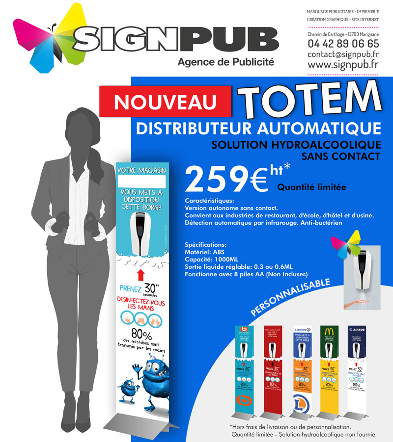 Totem solide composé d'un panneau publicitaire en 150x30 cm sur pied stable, facile à déplacer et autonome grâce à l'alimentation par piles du distributeur électronique. Installation aisée et rapide (notice, visserie et outil de montage inclus). Produit de fabrication française.